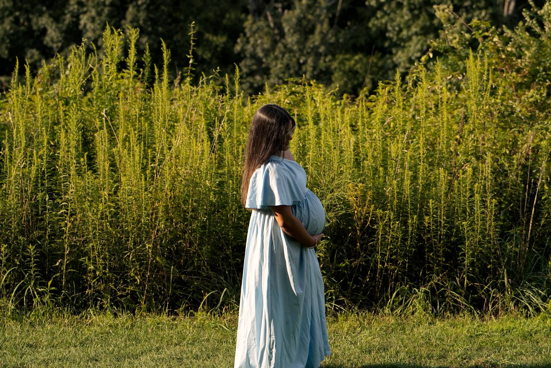 An expectant mother standing alone in tall summer grass at golden hour