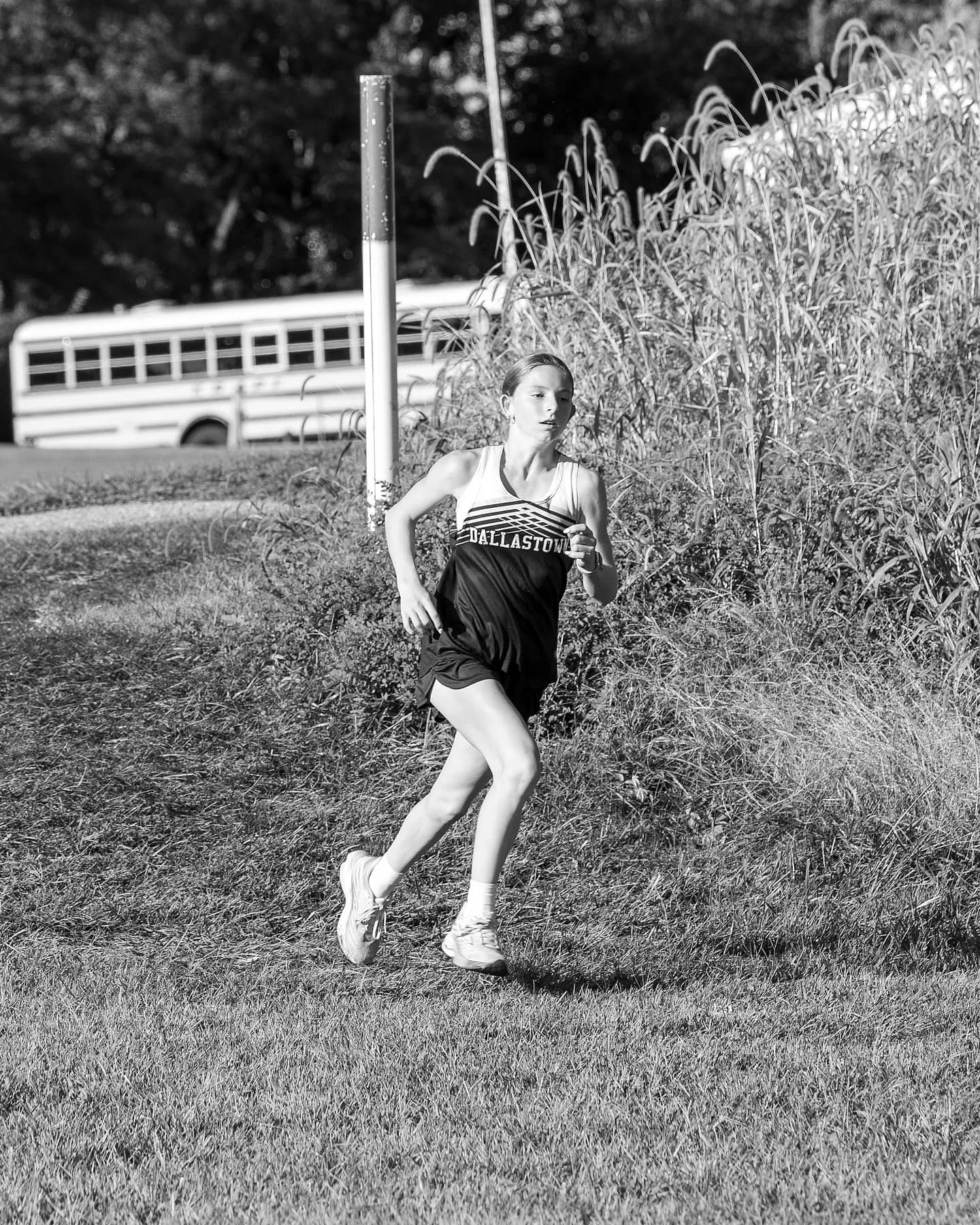 A cross country runner climbing a grassy hill past the team buses, in black and white